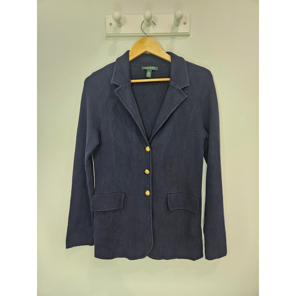 Lauren Ralph Lauren Navy Blue Cotton Knit Blazer Gold Buttons Size L